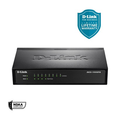 D-Link 8-Port Fast Ethernet PoE Unmanaged Switch 4 PoE Ports, 58W PoE Budget (DES-1008PA)