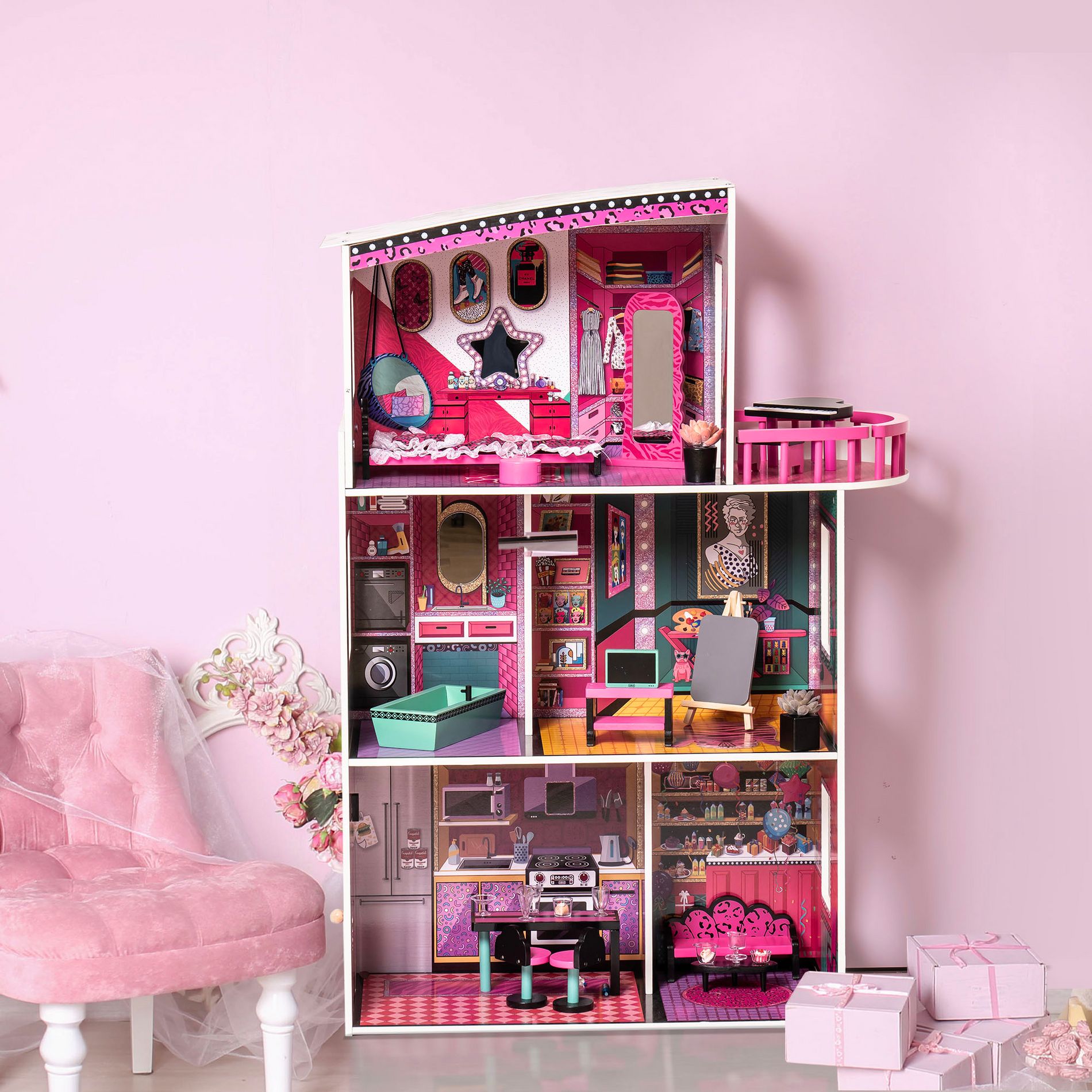 Wooden Dollhouse for Kids Doll House with Simulated Furniture Set Preschool Dollhouse Playset for Girls Birthday Xmas Gifts