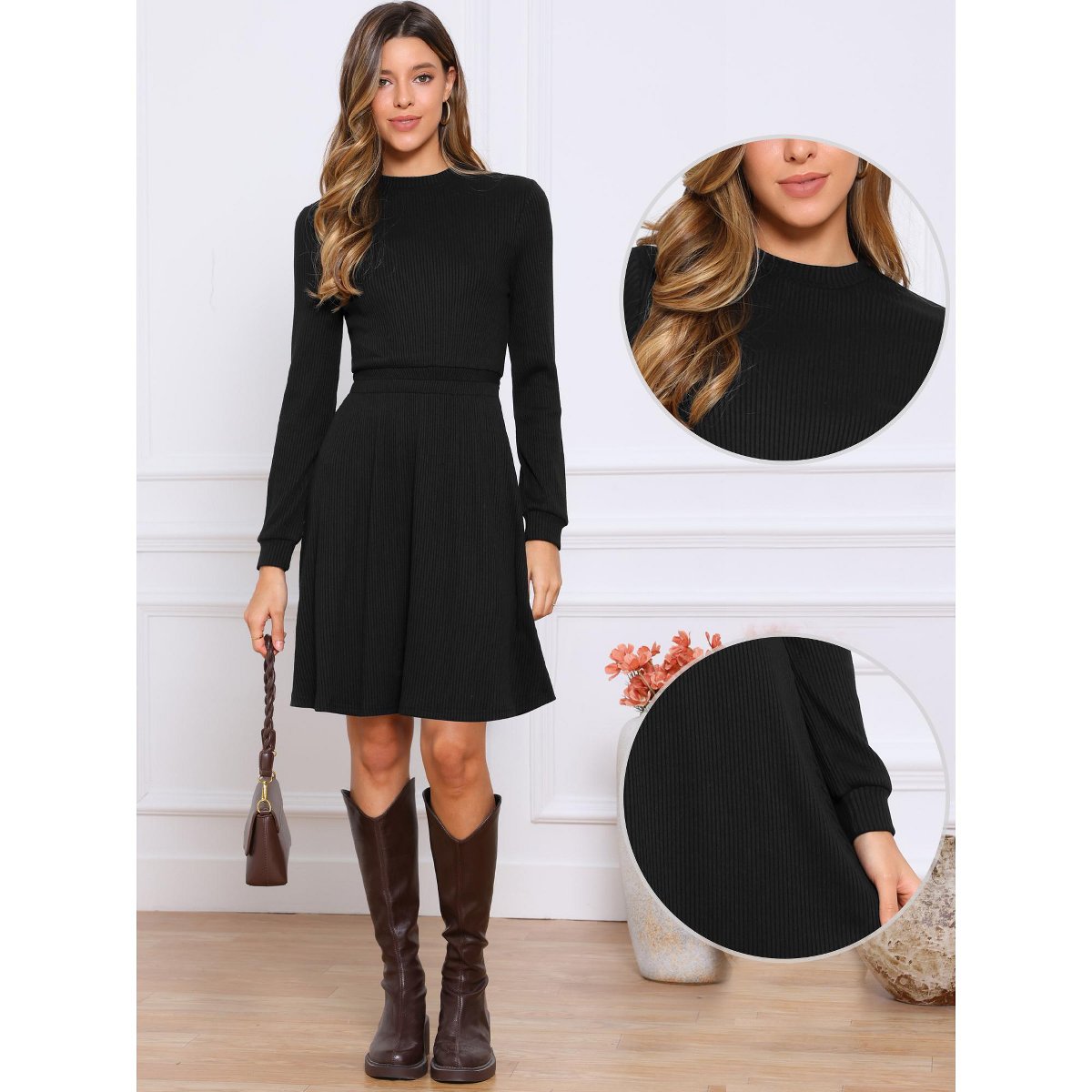 Женские платья INSPIRE CHIC Women's Long Sleeve Casual Crew Neck Ribbed Knit Textured Sweater Dress X-Large Black — фото 2