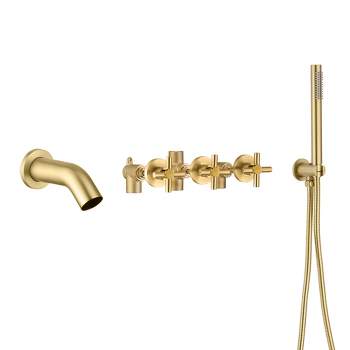 SUMERAIN Waterfall Wall Mount Tub Faucet with Hand Shower Sprayer, 3 Cross Handle, Brushed Gold