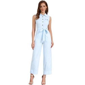 Allegra K Women's Button Down Collared Wide Leg Tie-Waist Sleeveless Cargo Jumpsuits - 1 of 4