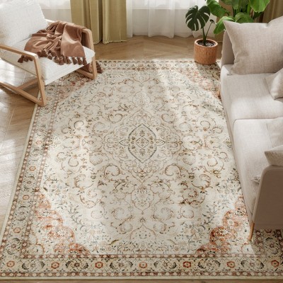 HOMCOM Area Rug 5x7, Machine Washable Rug, Non-Slip Classical Floral Print Floor Carpet for Living Room, Bedroom, Dining Room, Mixed-Brown