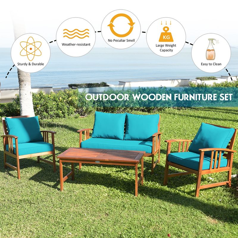 Costway 8PCS Wooden Patio Furniture Set Table Sofa Chair Cushioned Garden Turquoise, 5 of 11