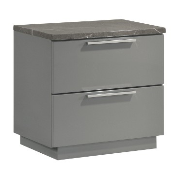 Vynxaria Sleek Contemporary Nightstand, Two-Tone High-Gloss Marble & Lacquer Finish, 2 Full-Extension Drawers , Metal-Finished Legs