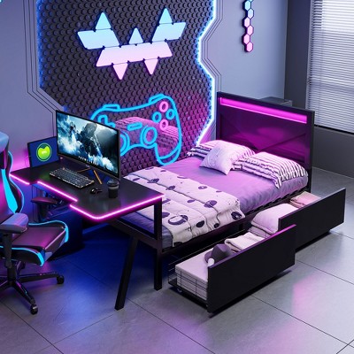 Twin/Full Size Metal Gaming Bed Frame with LED Desk, USB Charging Ports and 2 Storage Drawers, Modern Platform Bed for Gamers, Black - ModernLuxe