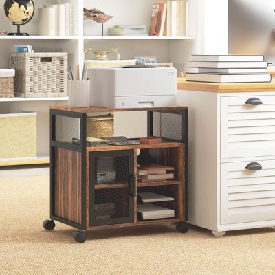 Rustic Brown Mobile Printer Stand with Storage Cabinet and USB Ports