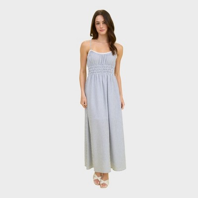 August Sky Women's Stripe Sweetheart Ruffle Trim Sleeveless Midi Dress