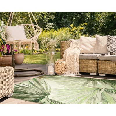 Ivory and Green Flat Woven Synthetic Palm Leaf Rug