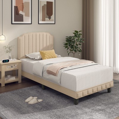 Infans Twin Upholstered Bed Frame with linen fabric vertical lines Rivets headboard