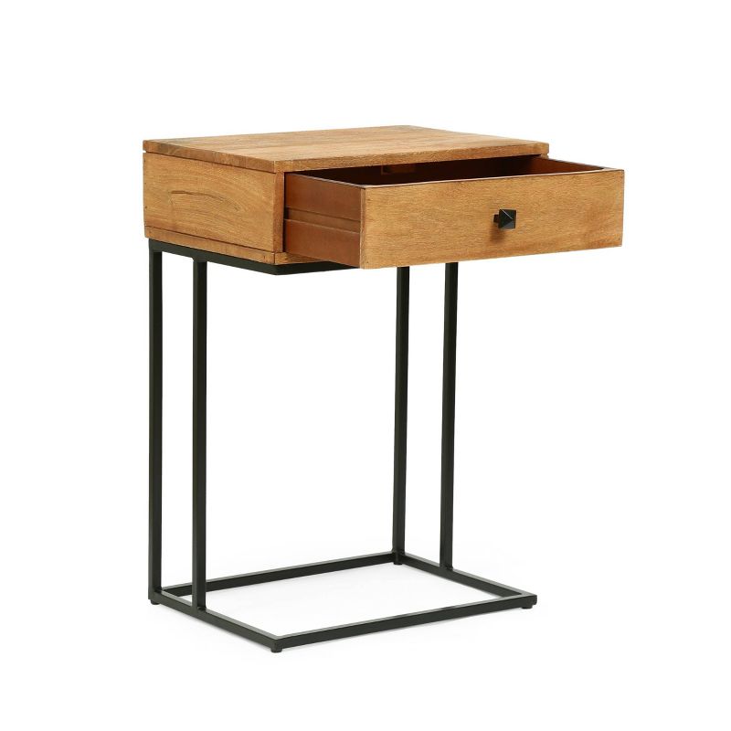 Gaudet Modern Industrial Handmade Mango Wood C Shaped Side Table with Drawer Natural/Black - Christopher Knight Home, 3 of 12