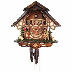 One Day Cuckoo Clock with Volksmarcher – 10 in – Traditional German Cottage Design By River City Clocks - 1 of 3