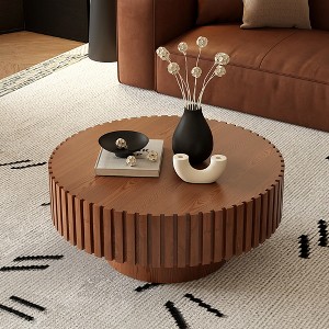 Round Coffee Table Handcrafted Relief Sturdy Pedestal Wooden Olive-Shaped Tea Table for Living Room - 1 of 1
