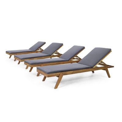 Caily 4pk Outdoor Acacia Wood Chaise Lounges with Cushions - Teak/Dark Gray - Christopher Knight Home