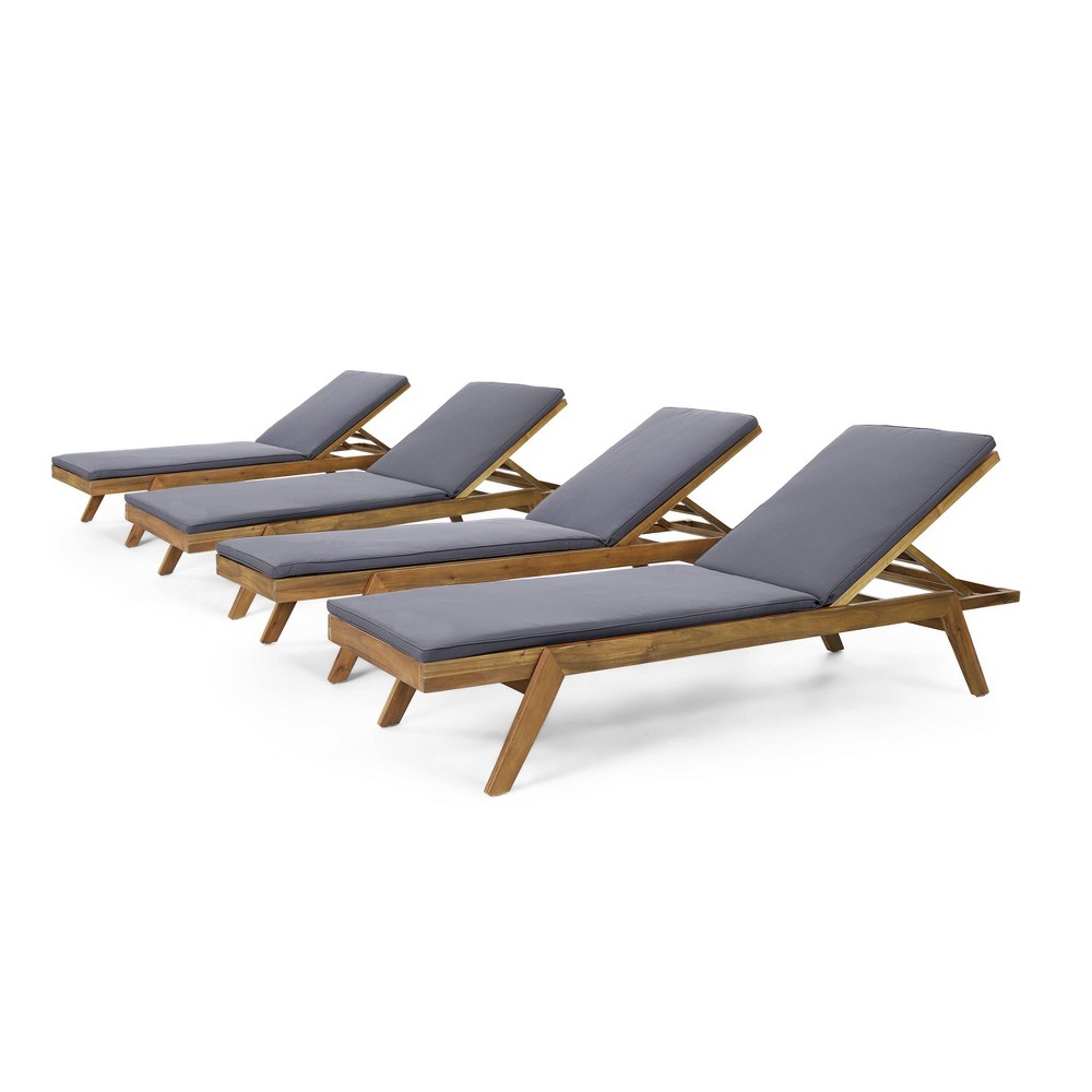 Photos - Garden Furniture Caily 4pk Outdoor Acacia Wood Chaise Lounges with Cushions - Teak/Dark Gra