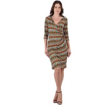 24seven Comfort Apparel Fall Geometric Print Knee Length Faux Wrap Dress