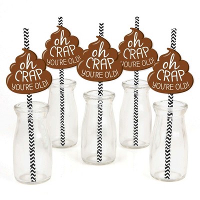 Big Dot of Happiness Oh Crap, You're Old - Paper Straw Decor - Poop Birthday Party Striped Decorative Straws - Set of 24