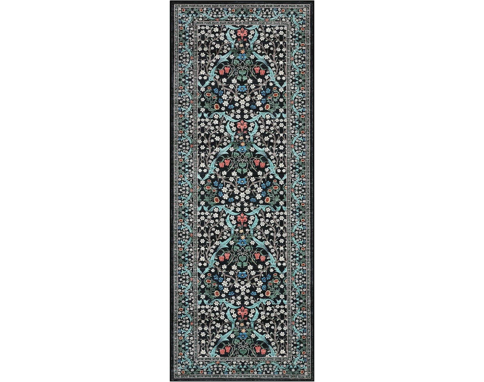 Washable Kitchen Runner Rug, Black Non-Slip Vintage Floral Print, Stain-Resistant Low Pile Accent Carpet for Bedroom, Laundry, Bathroom