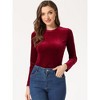 INSPIRE CHIC Women's Solid Round Neck Stretchy Long Sleeve Velvet Blouse - 2 of 4