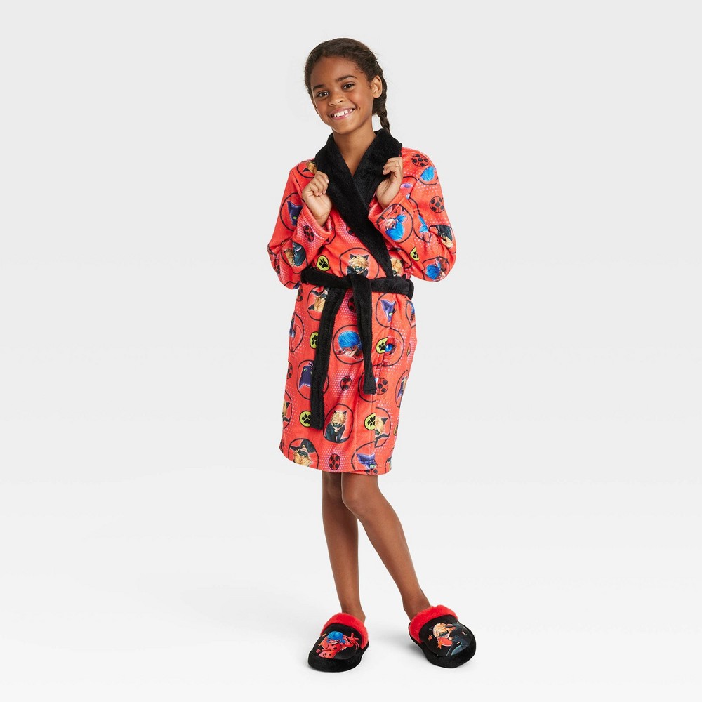 size 4/5 Girls' Miraculous Robe and Slippers Pajama Set - Black/Red XS