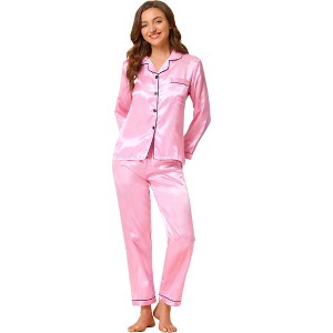 Allegra K Women's Satin Button Down Sleepshirt with Pants Sleepwear Pajama Set - 1 of 4