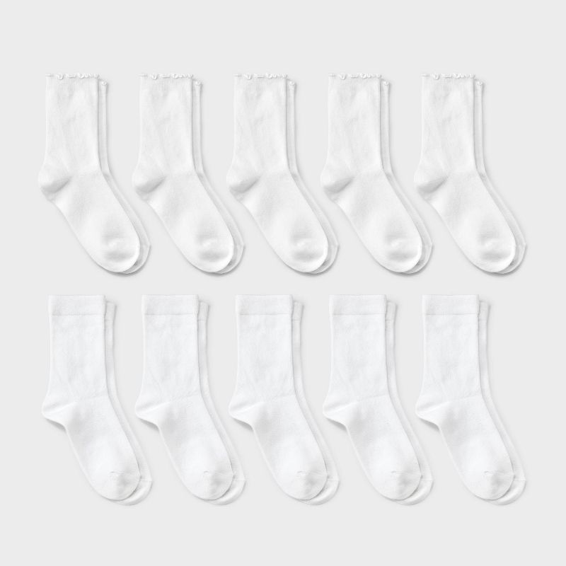 Girls' 10pk Casual Crew Lettuce Edge Socks - Cat & Jack™ Bright White S