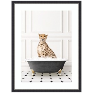 Kate and Laurel Cheetah in Classic Black and White Bathtub by Amy Peterson Framed Wall Art Print, 19 x 25, Stylish Black Narrow - 1 of 4