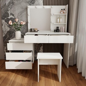 FONTOI 55.1"W Makeup Vanity Desk Table with Mirror Storage Drawers and Matching Stool for Bedroom Dressing Room, White, 55.1"*15.7"*53.1" - 1 of 4