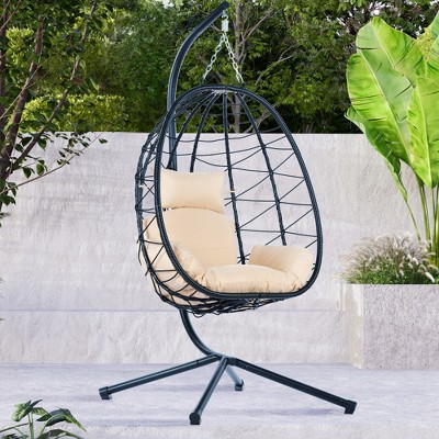 SKRAN Hanging Egg Chair, Swing Basket Egg Chairs with Stand Wicker, UV Resistant Removable & Washable Cushions for Bedroom Porch(Beige)