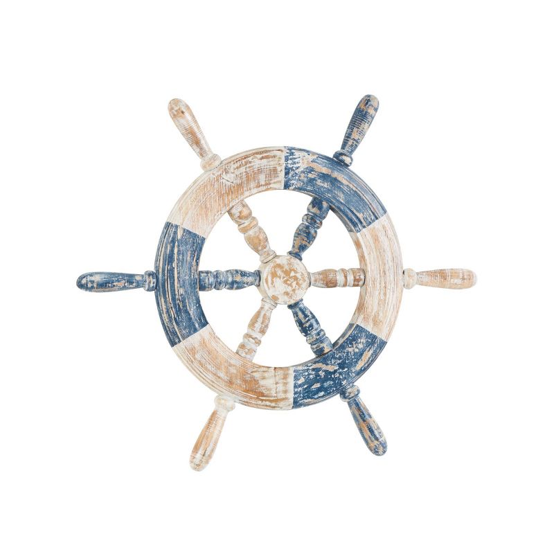 Olivia &#38; May 22&#34;x19&#34; Wood Ship Wheel Distressed Two-Toned Wall Decor with Brown Accents Blue, 5 of 8