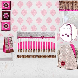 Bacati - Damask Pink Fuschia Chocolate 10 pc Crib Bedding Set with Long Rail Guard Cover - 1 of 4
