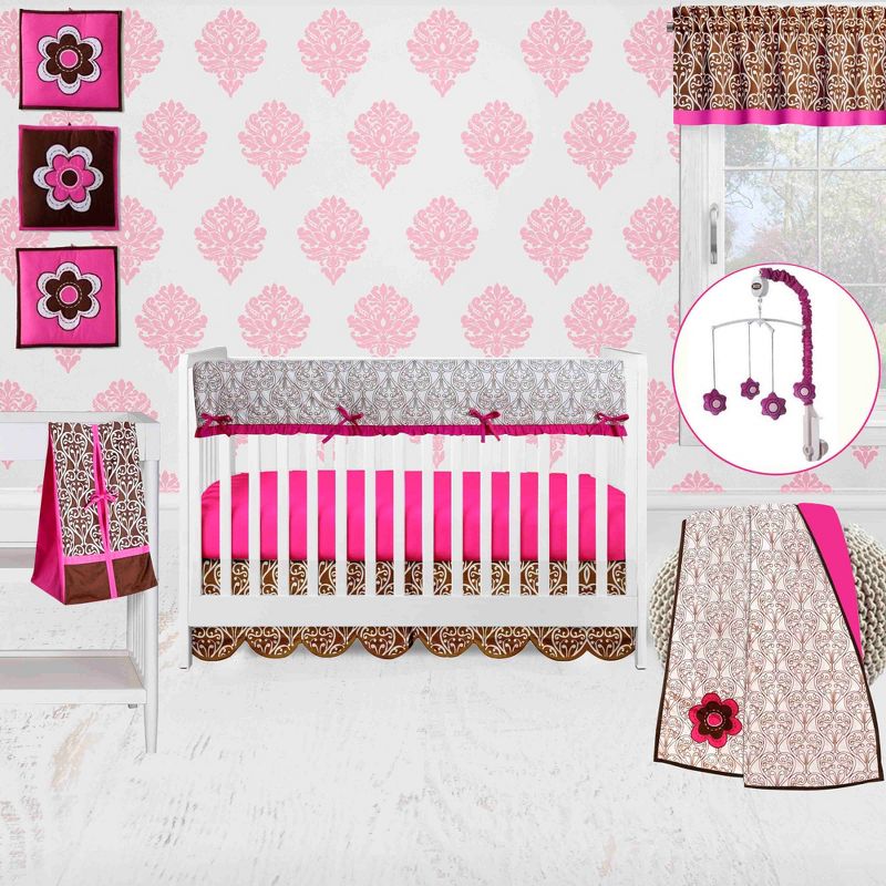 Bacati - Damask Pink Fuschia Chocolate 10 pc Crib Bedding Set with Long Rail Guard Cover, 1 of 13