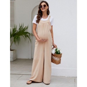 Coolmee Women Casual Maternity Square Neck Sleeveless Straps Wide Leg Long Jumpsuit With Pockets Beach Vacation Outfits - 1 of 4