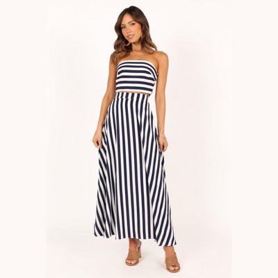 Navy and White Striped Polyester Top and Skirt Set