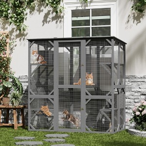 70'' Large Wood Outdoor Cat Enclosure with 4 Jumping Platforms & 2 Napping Houses, Swing Hammock, with Waterproof Roof, Sisal Post, Slide Door - 1 of 4