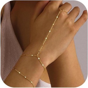 Bracelets for Women 14K Gold Silver Plated Ring Bracelet Hand Chain Dainty Evil Eye Heart Clover sequin hand chain+bracelet-2 pieces - 1 of 4