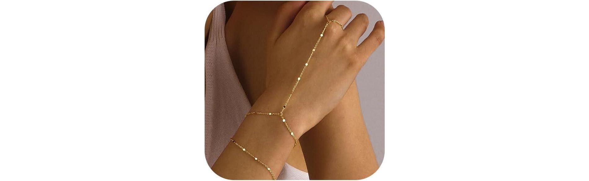 Bracelets for Women 14K Gold Silver Plated Ring Bracelet Hand Chain Dainty Evil Eye Heart Clover sequin hand chain+bracelet-2 pieces