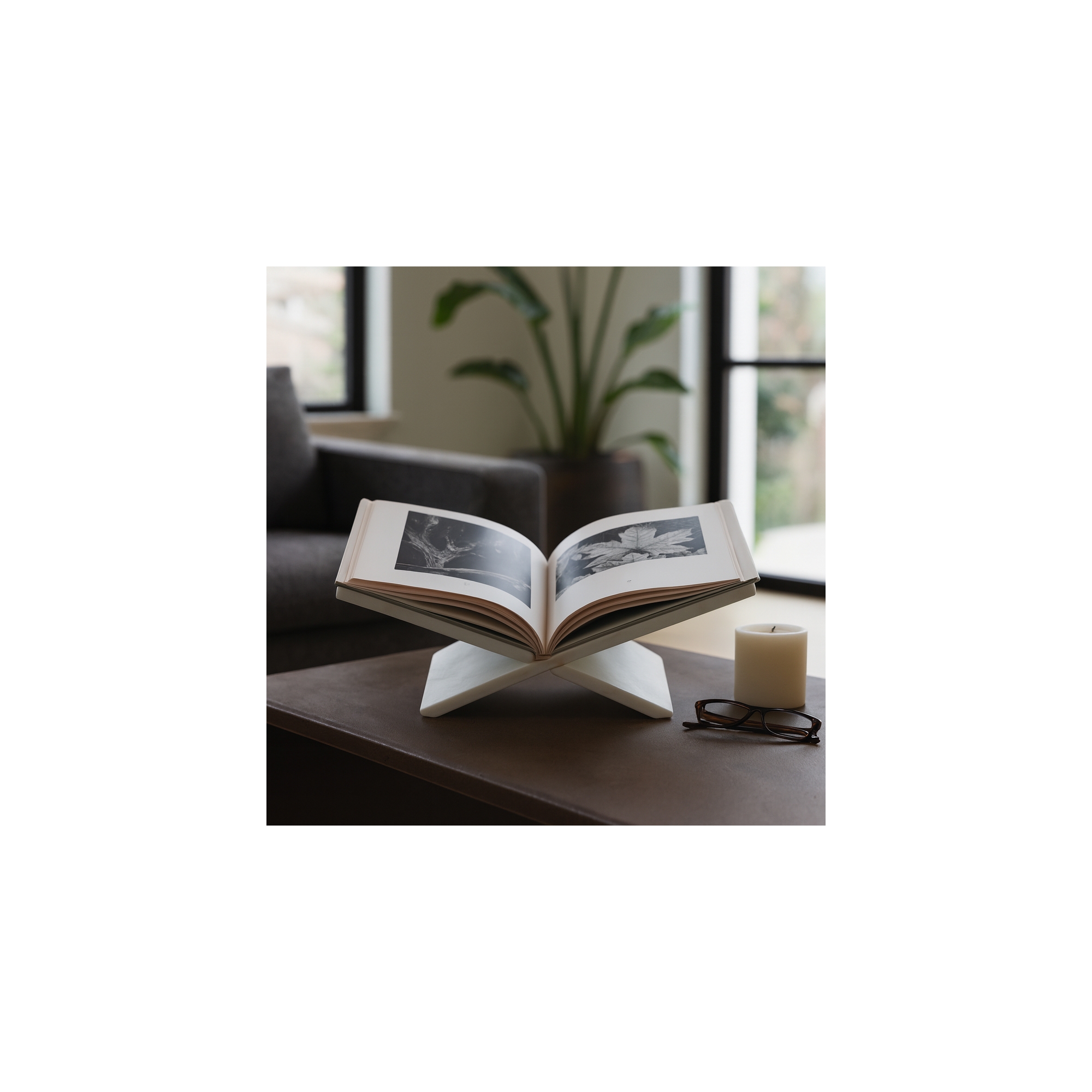 Sleek Marble Bookstand with Smooth Cross-Frame Design - Elegant Decorative Bookstand for Modern Home Library, Office, or Desk Decor - 6" White