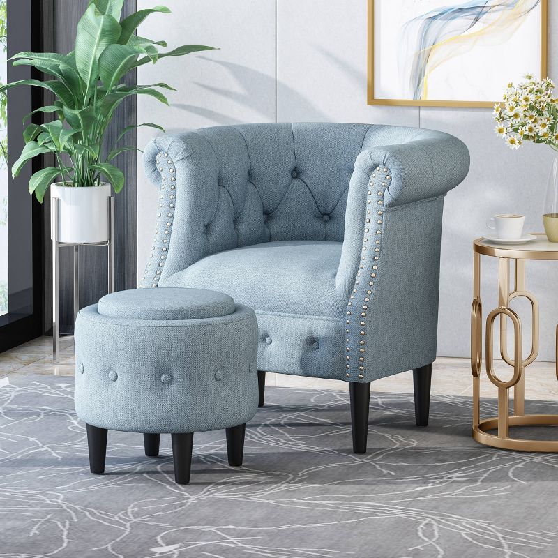 2pc Beihoffer Petite Tufted Chair and Ottoman Set Light Blue - Christopher Knight Home, 3 of 9