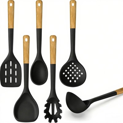 BRINJOY Black Heat Resistant Silicone Cooking Kitchen Utensils with Wooden Handles, Spatula Set, BPA Free