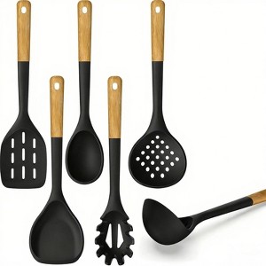 BRINJOY Black Heat Resistant Silicone Cooking Kitchen Utensils with Wooden Handles, Spatula Set, BPA Free - 1 of 4