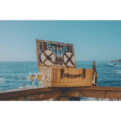 Newbury Wicker Picnic Basket with Navy and Burgundy Plaid Interior