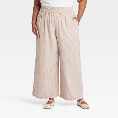 Women's High-Rise Wide Leg Linen Pull-On Pants - Ava & Viv™ Tan Striped 1X