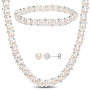 EVERLY JEWELRY | Sterling Silver 6-8mm Cultured Freshwater Button Pearl Strand Necklace, Bracelet and Stud Earrings Set - 1 of 4