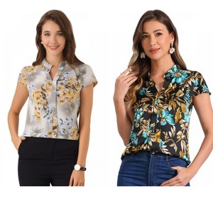 INSPIRE CHIC Women's Satin Stand Collar Work Cap Sleeve Floral Blouse 2 Packs - 1 of 4