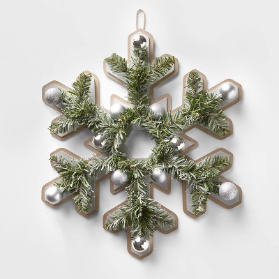 21in Unlit Flocked Snowflake Shape Wreath with Shatterproof Ornaments Silver - Wondershop™