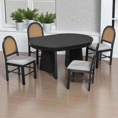 5-Piece Extendable Dining Table Set for 4 with Upholstered Chairs and Rattan Backrests, Kitchen Table Set for Dining Room, Solid Wood and MDF Design