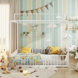 Polibi 3-in-1 Convertible Montessori Metal Floor Bed with Fence Guardrails and Canopy Frame - 1 of 4