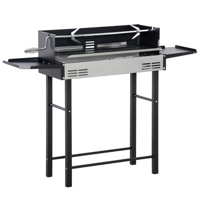 Outsunny BBQ Rotisserie Grill Roaster for Chicken or Turkey with 3-Level Grill Grate, Foldable Storage Shelves, and Wind Deflector, Stainless Steel