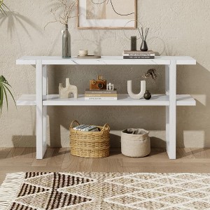 CAVINAS 54 inch Console Table,Retro Entryway Table with Marble-Effect Top and Open Shelf for Living Room,Hallway - 1 of 4