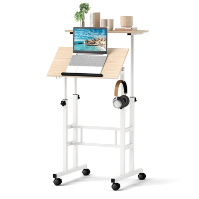 Tangkula Mobile Standing Desk Height Adjustable Stand Up Computer Workstation Rolling Presentation Cart w/Wide Platform